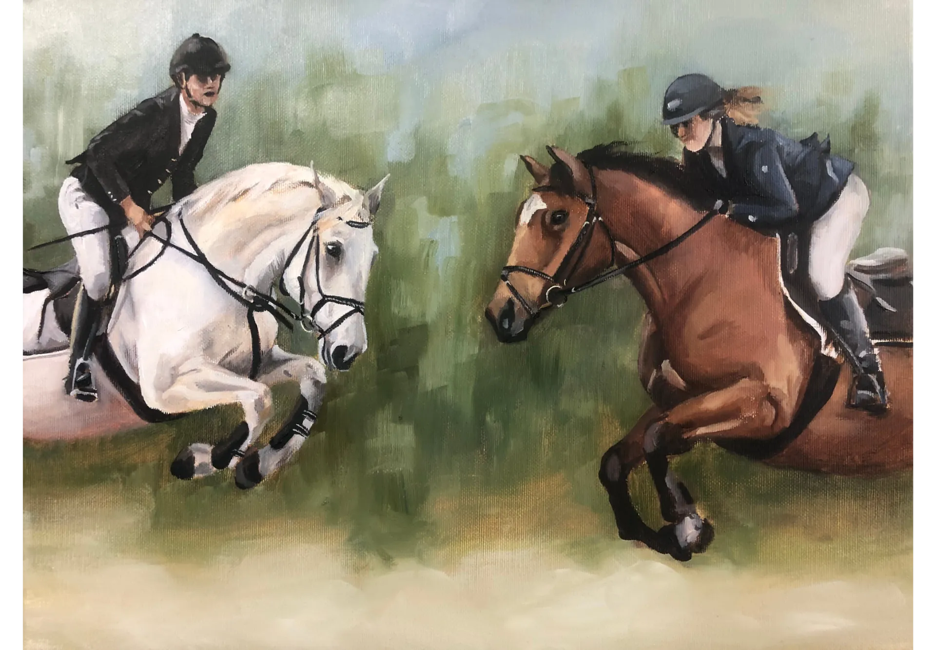 Jumping Horses with rider 30x40cm